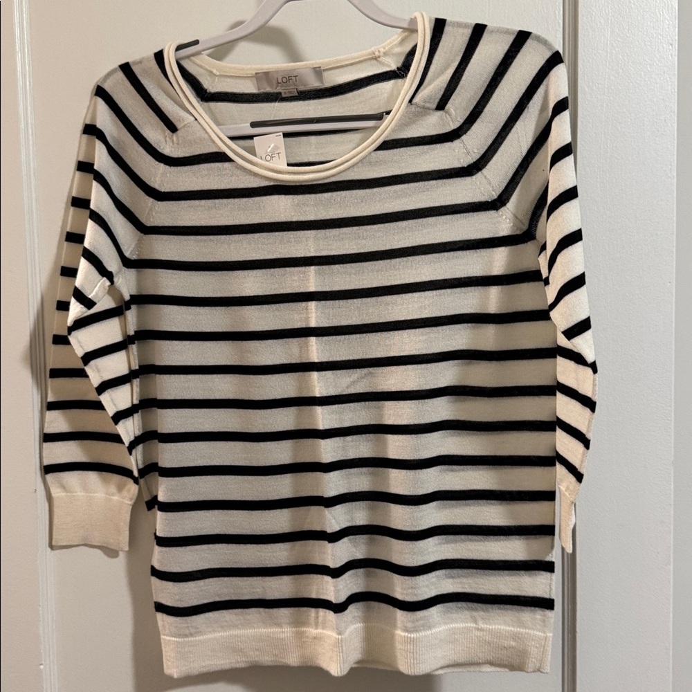 LOFT Cream and Black Striped Lightweight Sweater